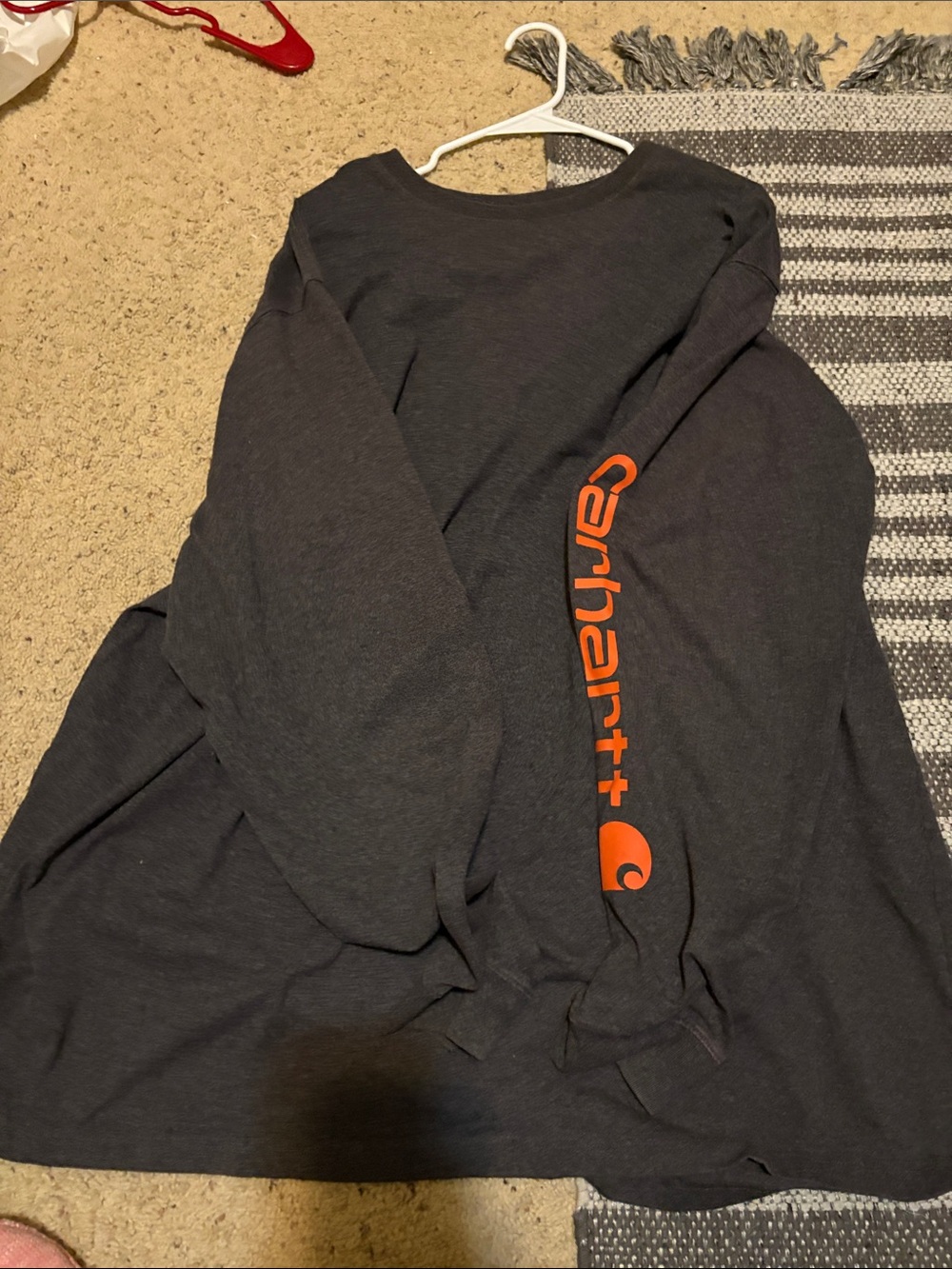 Carhartt Charcoal Long Sleeve Tee with Orange Sleeve Logo